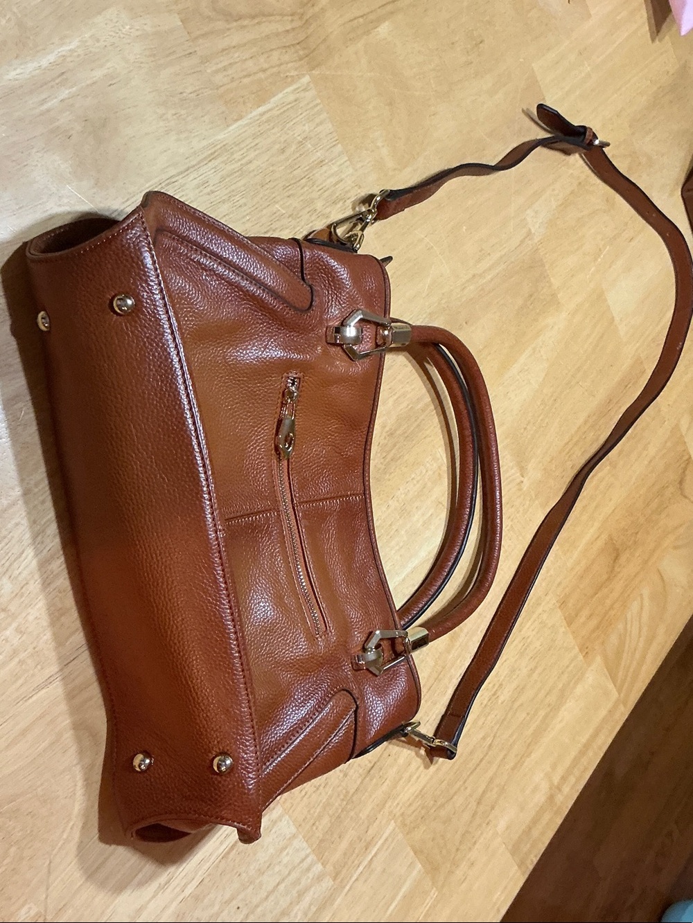 Structured Pebbled Leather Shoulder Bag in Cognac